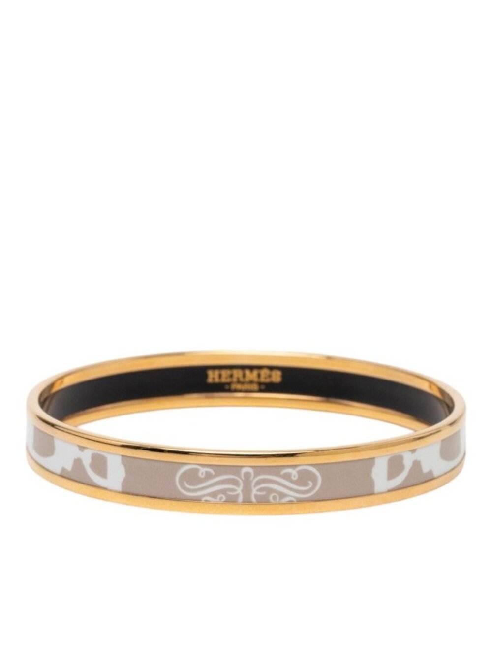 Hermes Enamel PM Cloisonne Bangle Gold Beige White Plated Bracelet